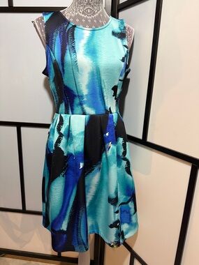 Apt. 9 Teal & Blue Abstract Fit-and-Flare Sleeveless Dress